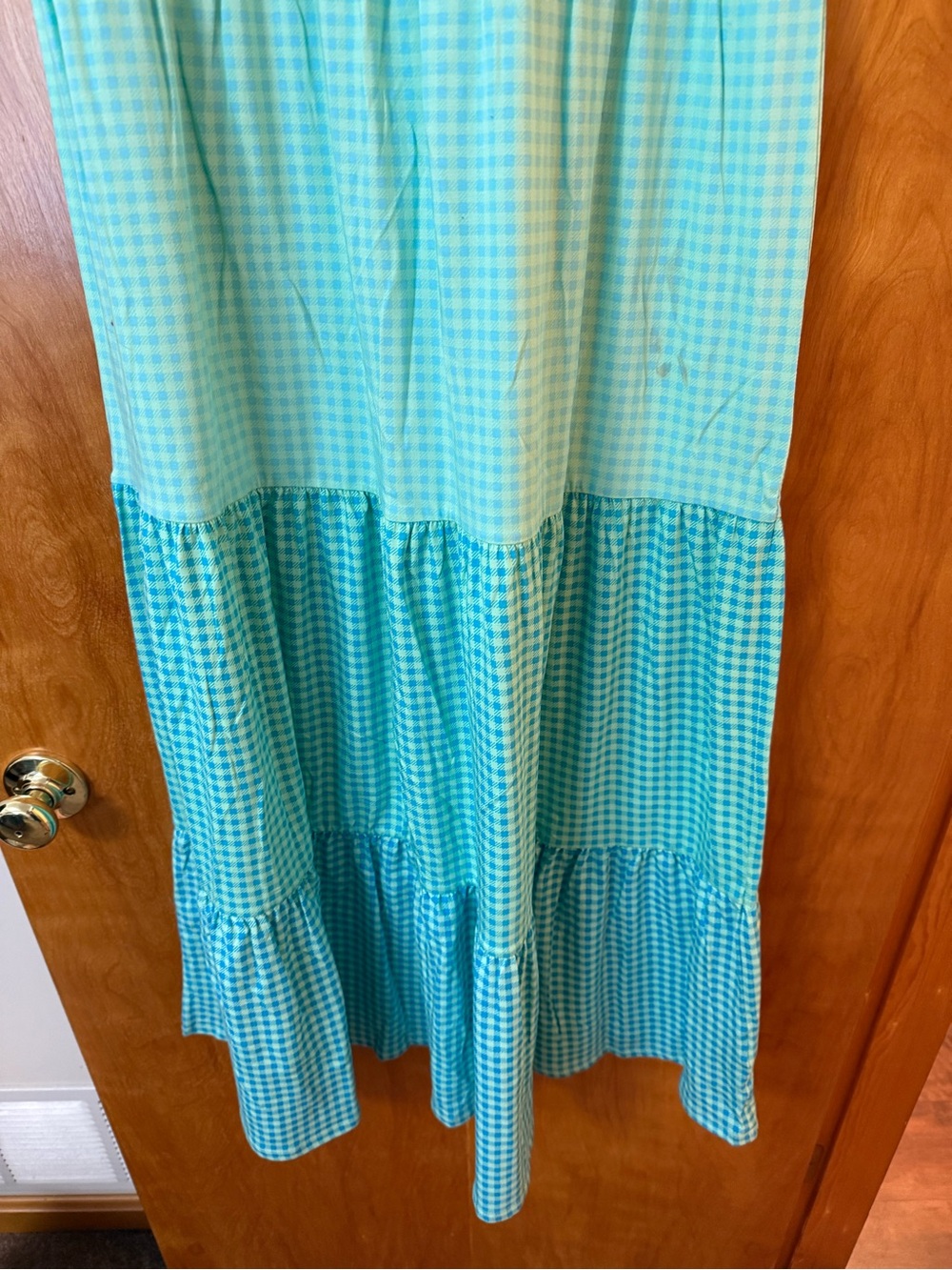 Lands’ End Sleeveless Tiered Maxi Dress Blue Green Check Medium 10-12 FLAW READ - Picture 3 of 14